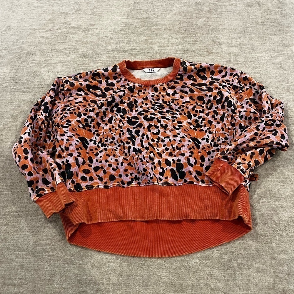 Joy Lab Crop Top Sweatshirt S Crew Leopard Orange Pink Black Size M - Picture 2 of 5